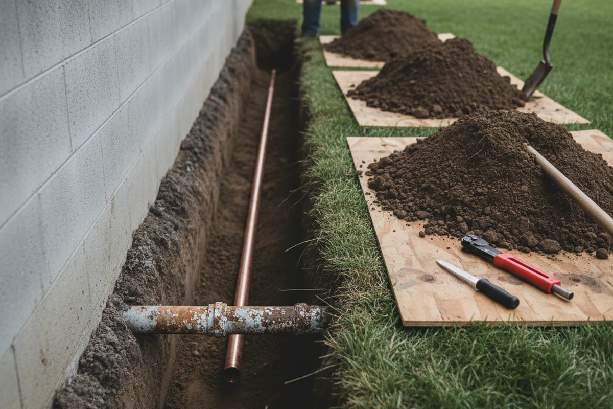 Excavated water line trench during Sewer Line Repair in Campbell Hall
